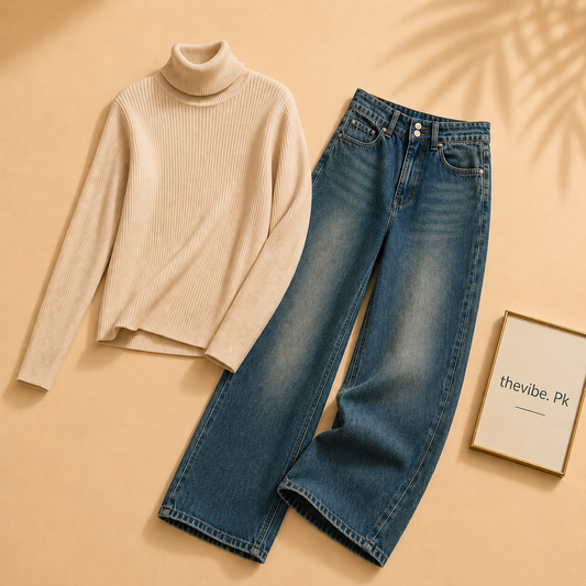 BEIGE RIBKNIT HIGH NACK WITH DARKISH BLUE WIDE LEG JEANS
