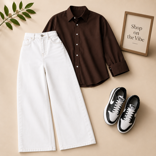 DARK BROWN BUTTON DOWN SHIRT WITH WHITE WIDE LAG JEANS