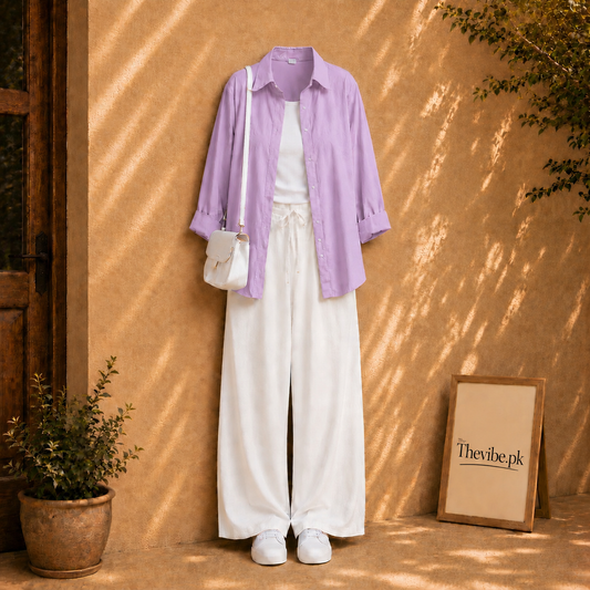 LILAC BUTTON DOWN SHIRT WITH WHITE TANK TOP AND WHITE FLAPPER