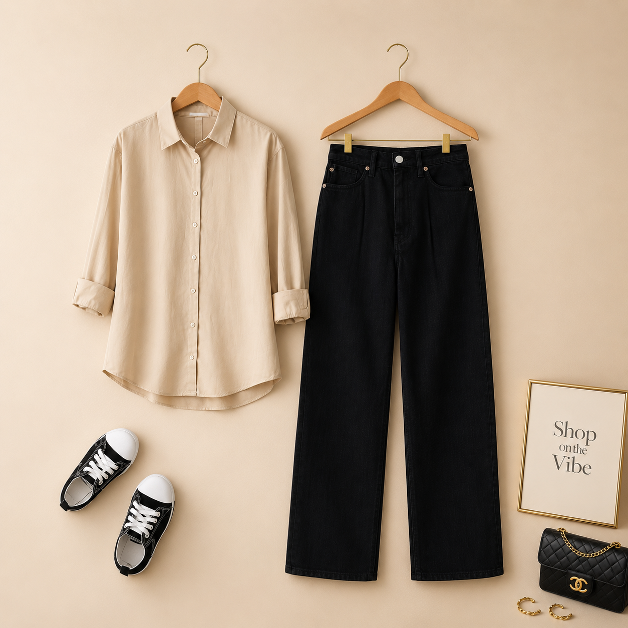 OFF WHITE BUTTON SHIRT WITH BLACK WIDE LEG JEANS