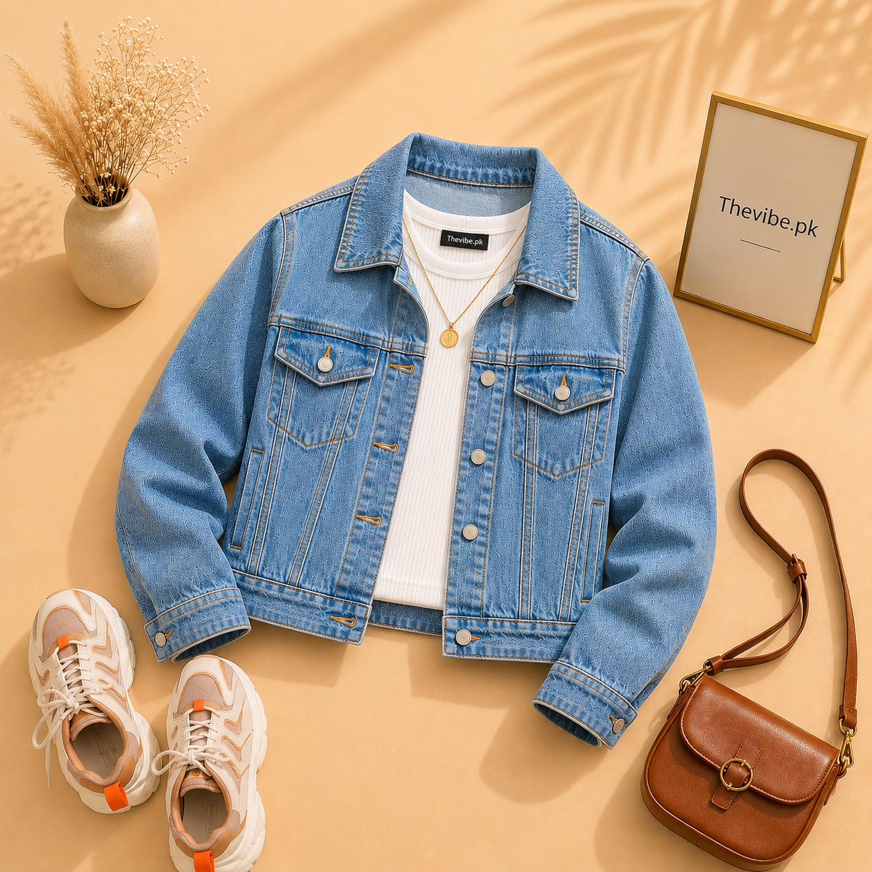 MID BLUE DENIM JACKET WITH WHITE TANK TOP