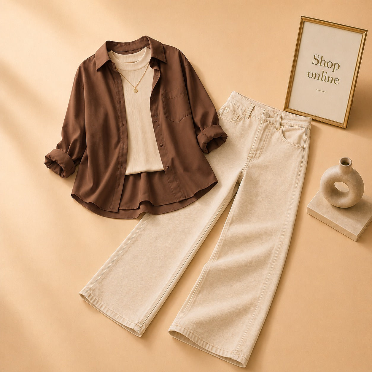 DARK BROWN BUTTON DOWN SHIRT WITH BEIGE TANK TOP BEIGE WIDE LEG JEANS (3Pcs)
