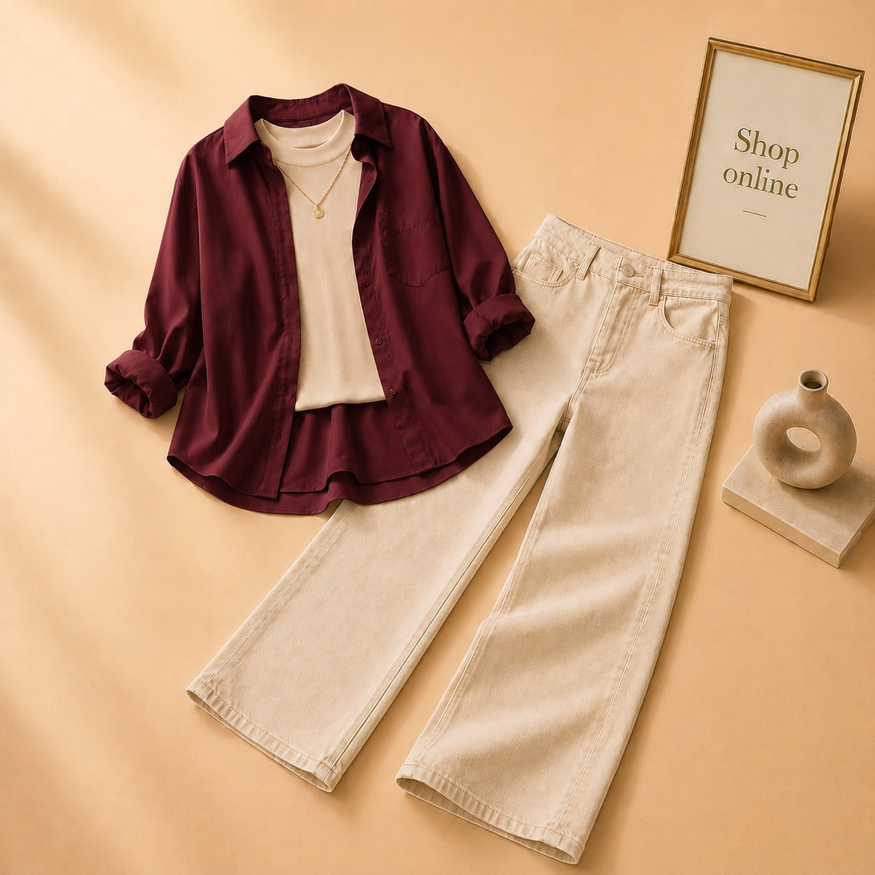 MAROON BUTTON DOWN SHIRT WITH BEIGE TANK TOP BEIGE WIDE LEG JEANS (3Pcs)
