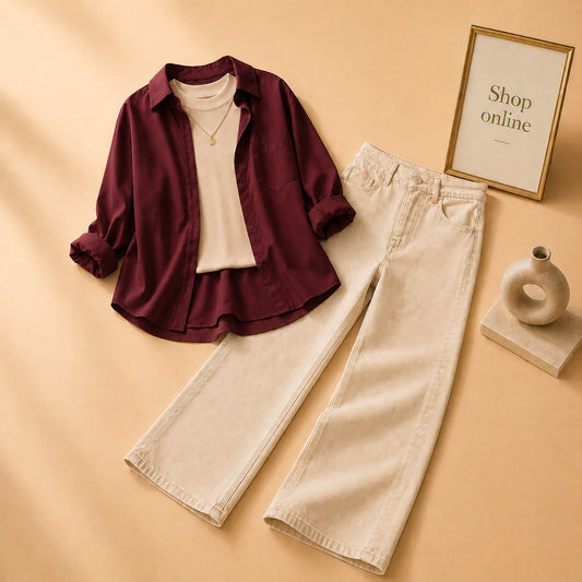 MAROON BUTTON DOWN SHIRT WITH BEIGE TANK TOP BEIGE WIDE LEG JEANS (3Pcs)
