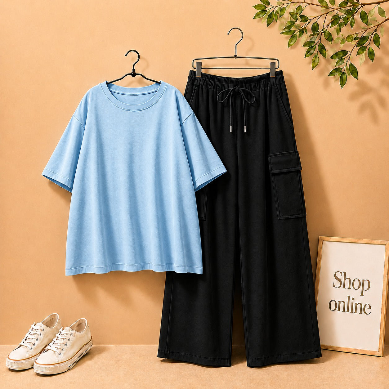 SKY BLUE DROP SHOULDER TEE SHIRT WITH BLACK CARGO TROUSER (Copy)