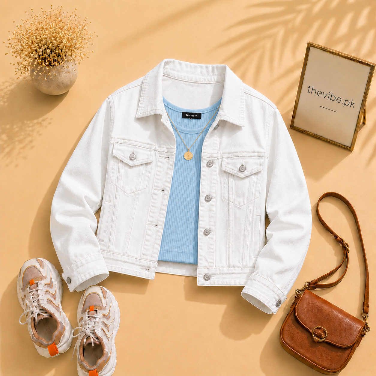 WHITE DENIM JACKET WITH SKY BLUE TANK TOP