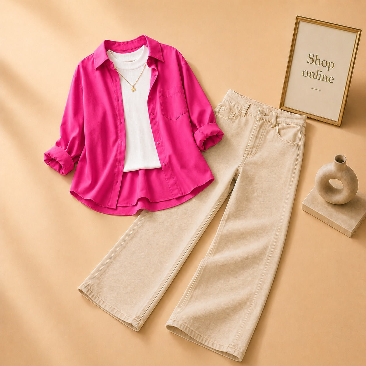 HOT PINK BUTTON DOWN SHIRT  WITH WHITE TANK TOP BEIGE WIDE LEG JEANS (3Pcs)