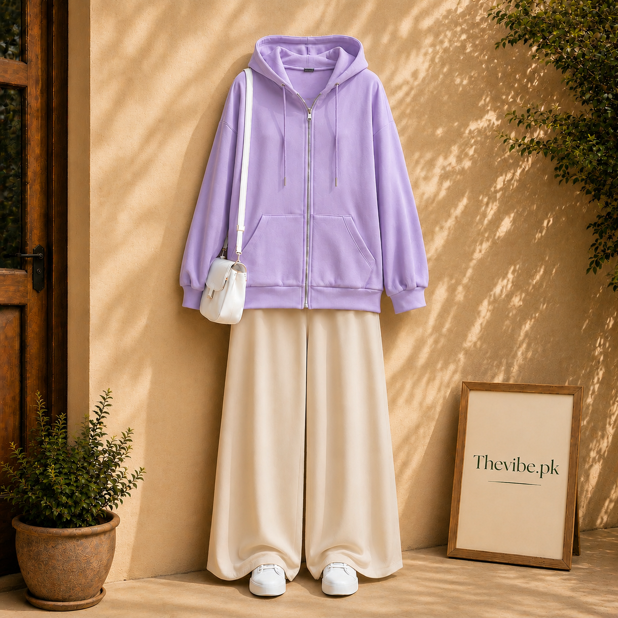 LILAC ZIP HOODIE WITH BEIGE FLAPPER