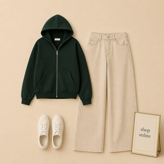 BOTTLE GREEN ZIP HOODIE WITH BEIGE WIDE LEG JEANS