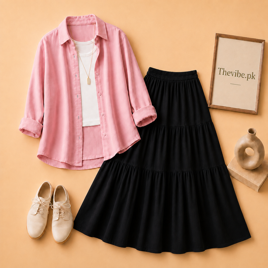 PINK BUTTON DOWN SHIRT WITH WHITE TANK TOP AND 3TIER BLACK TWILL SKIRT