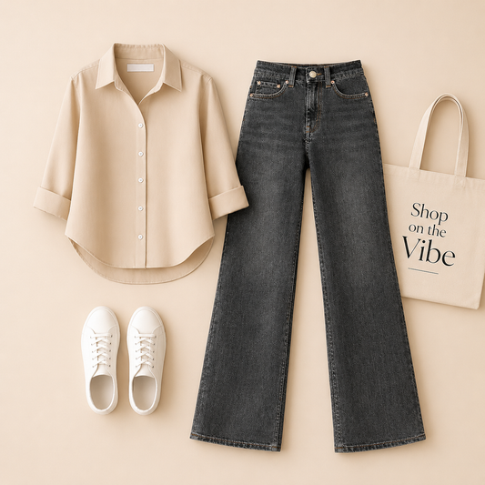 BEIGE BUTTON DOWN SHIRT WITH MALAYSIAN BLACK WIDE LAG JEANS