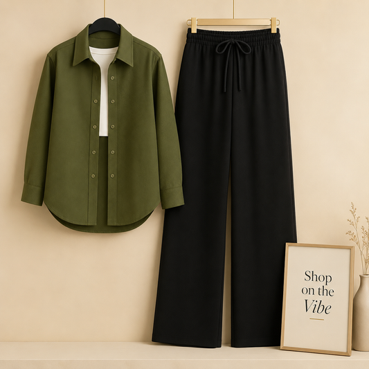 OLIVE GREEN BUTTON DOWN SHIRT WHITE TANK TOP WITH BLACK WIDE LEG JEANS (3pcs)