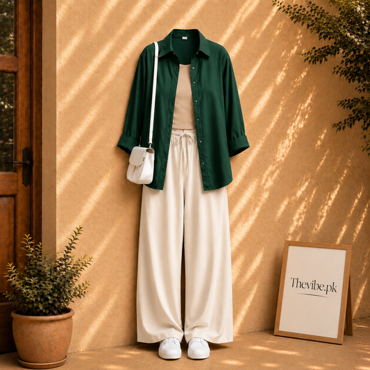 BOTTLE GREEN BUTTON DOWN SHIRT WITH BEIGE TANK TOP AND BEIGE FLAPPER