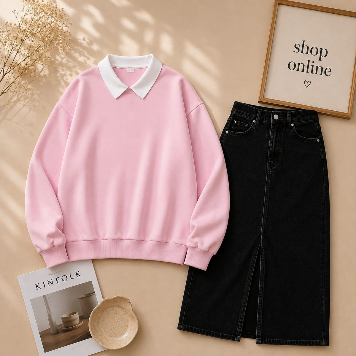 PINK COLLAR SWEATSHIRT WITH BLACK SHIRT