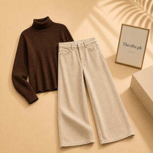 BROWN RIBKNIT HIGH NACK WITH BEIGE WIDE LEG JEANS