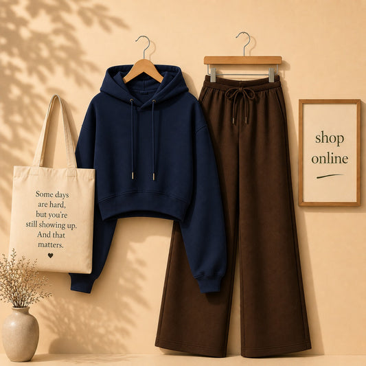BASIC NAVY BLUE CROP HOOD WITH BROWN FLAPPER