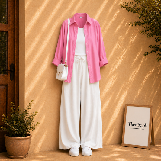 PINK BUTTON DOWN SHIRT WITH WHITE TANK TOP AND WHITE FLAPPER