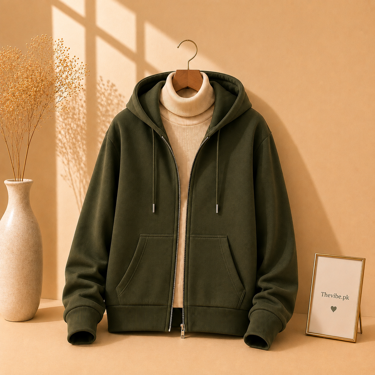OLIVE GREEN ZIPPER HOODIE WITH BEIGE HIGH NECK