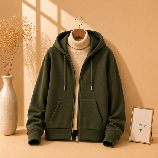 OLIVE GREEN ZIPPER HOODIE WITH BEIGE HIGH NECK