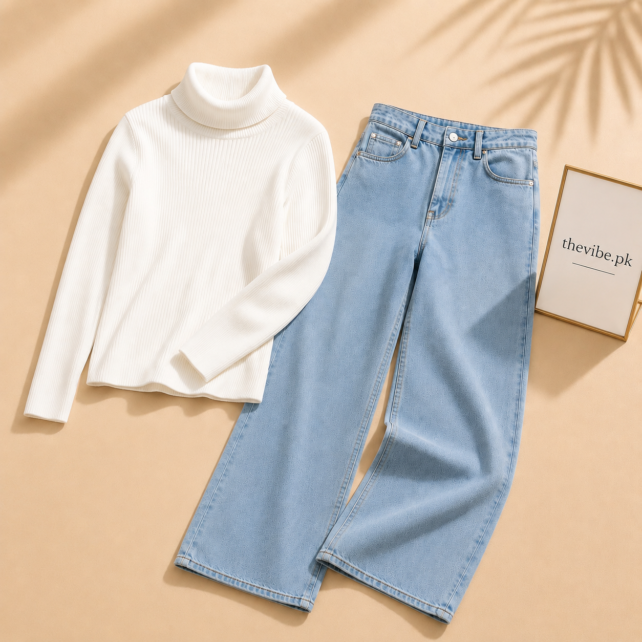 WHITE RIBKNIT HIGH NACK WITH ICE BLUE WIDE LEG JEANS