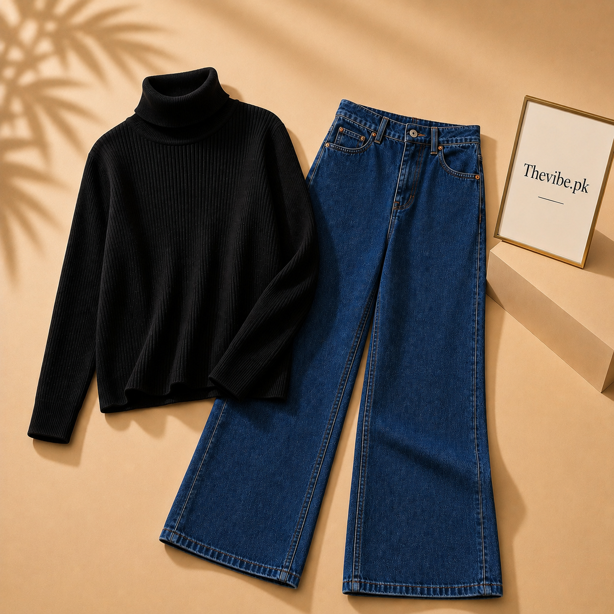 BLACK RIBKNIT HIGH NACK WITH DARK BLUE WIDE LEG JEANS