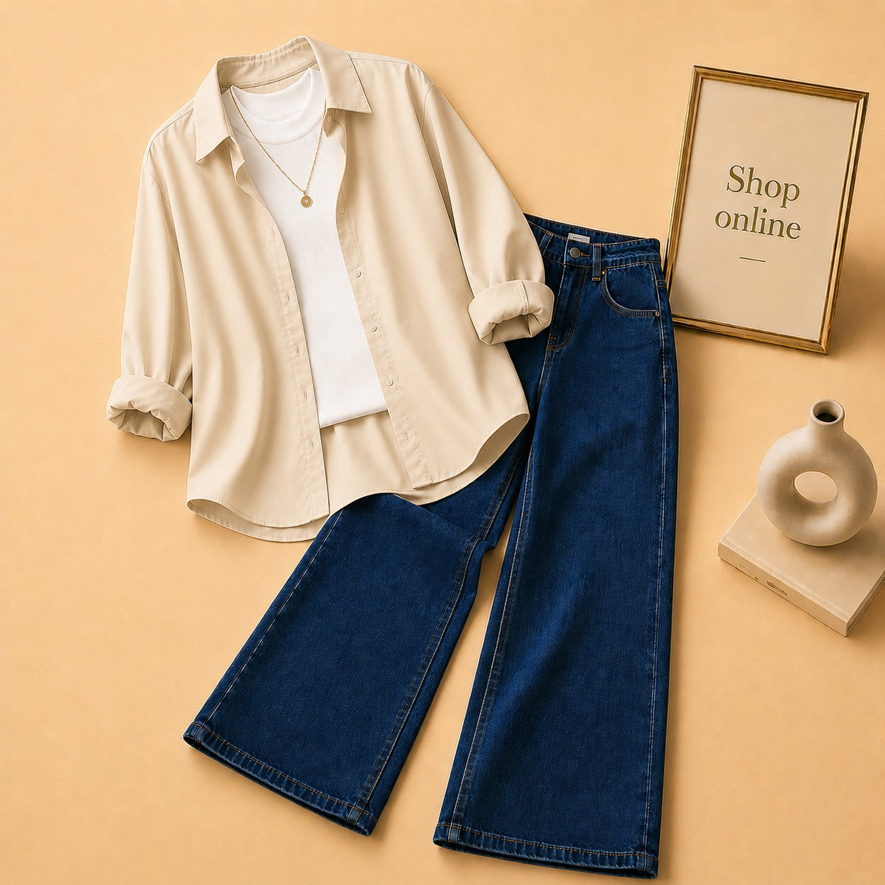 BEIGE BUTTON DOWN SHIRT WITH WHITE TANK TOP MID BLUE WIDE LEG JEANS (3Pcs)