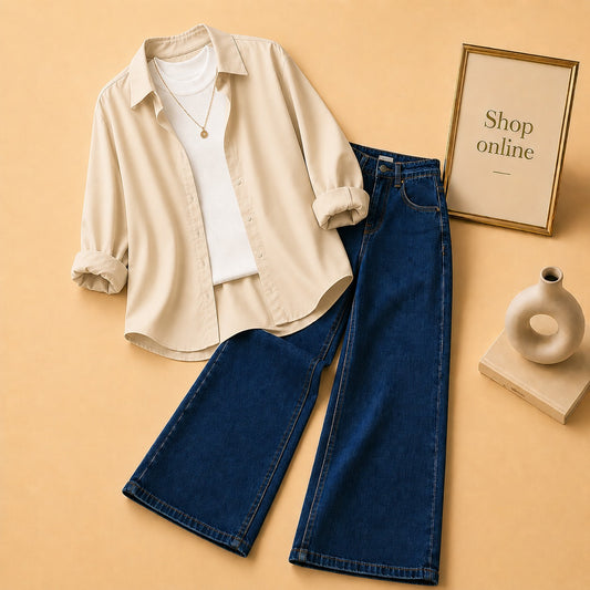 BEIGE BUTTON DOWN SHIRT WITH WHITE TANK TOP MID BLUE WIDE LEG JEANS (3Pcs)