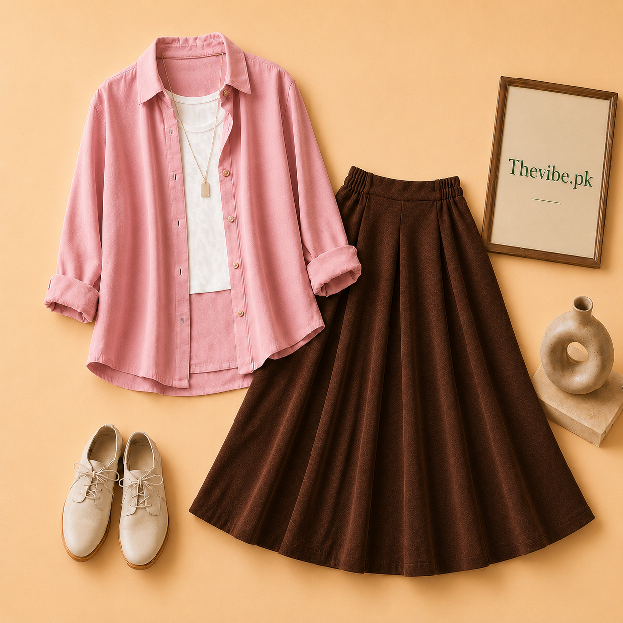 PINK BUTTON DOWN SHIRT WITH WHITE TANKTOP AND BROWN TWILL SHIRT