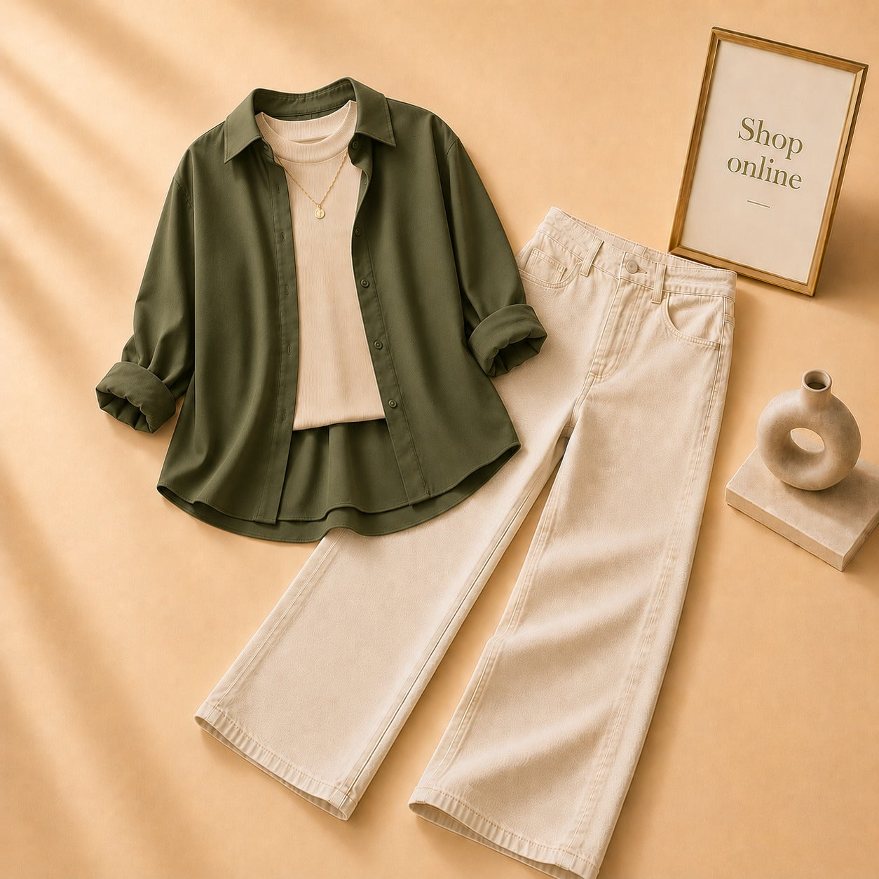 OLIVE GREEN BUTTON DOWN SHIRT WITH BEIGE TANK TOP BEIGE WIDE LEG JEANS (3Pcs)