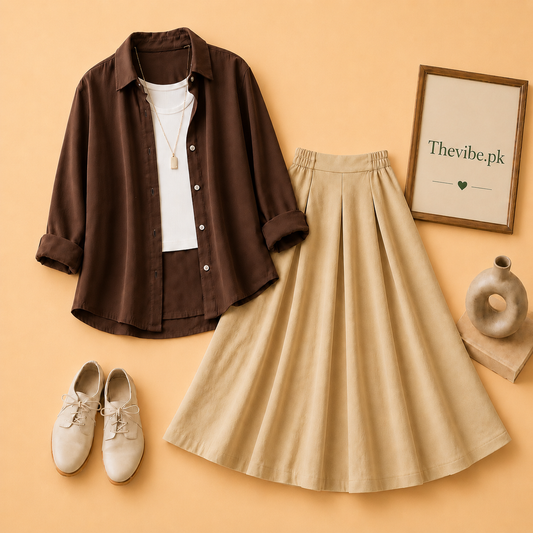 DARK BROWN BUTTON DOWN SHIRT WITH WHITE TANKTOP AND BEIGE TWILL SHIRT