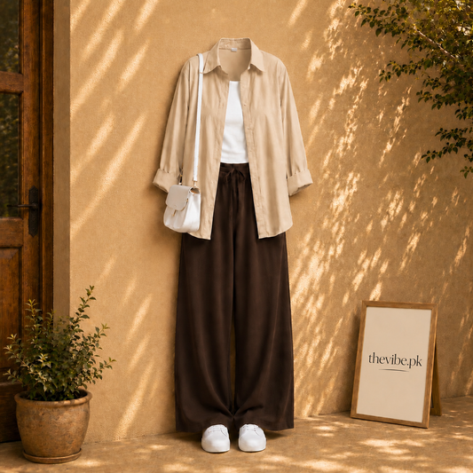 BEIGE BUTTON DOWN SHIRT WITH WHITE TANK TOP AND BROWN FLAPPER