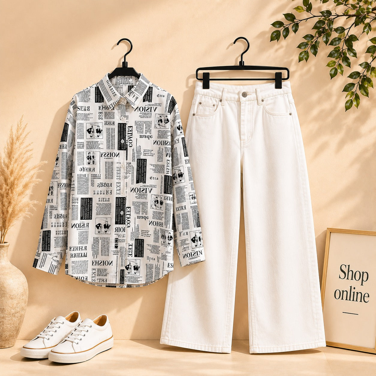 NEWS PAPER  BUTTON SHIRT WITH WHITE WIDE LAG JEANS