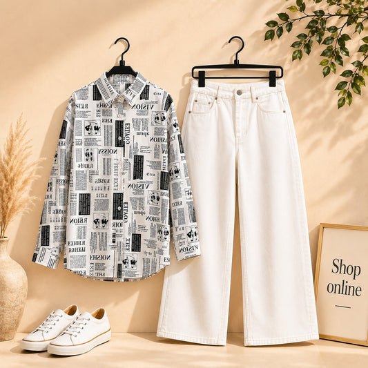 NEWS PAPER  BUTTON SHIRT WITH WHITE WIDE LAG JEANS