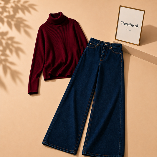 MAROON RIBKNIT HIGH NACK WITH DARK BLUE WIDE LEG JEANS