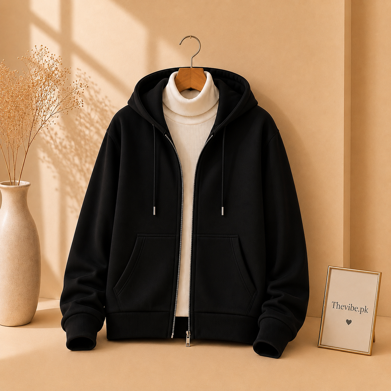 BLACK ZIPPER HOODIE WITH WHITE HIGH
