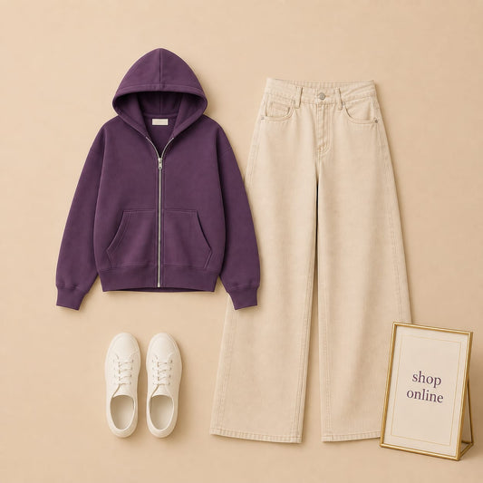 PURPLE ZIP HOODIE WITH BEIGE WIDE LEG JEANS