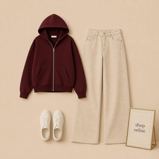 MAROON ZIP HOODIE WITH BEIGE WIDE LEG JEANS