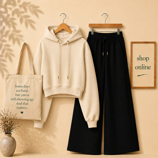 BASIC BEIGE CROP HOOD WITH BLACK FLAPPER