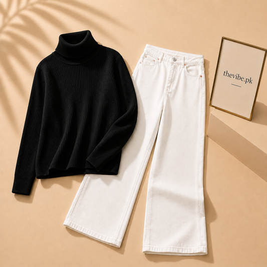 BLACK RIBKNIT HIGH NACK WITH WHITE WIDE LEG JEANS
