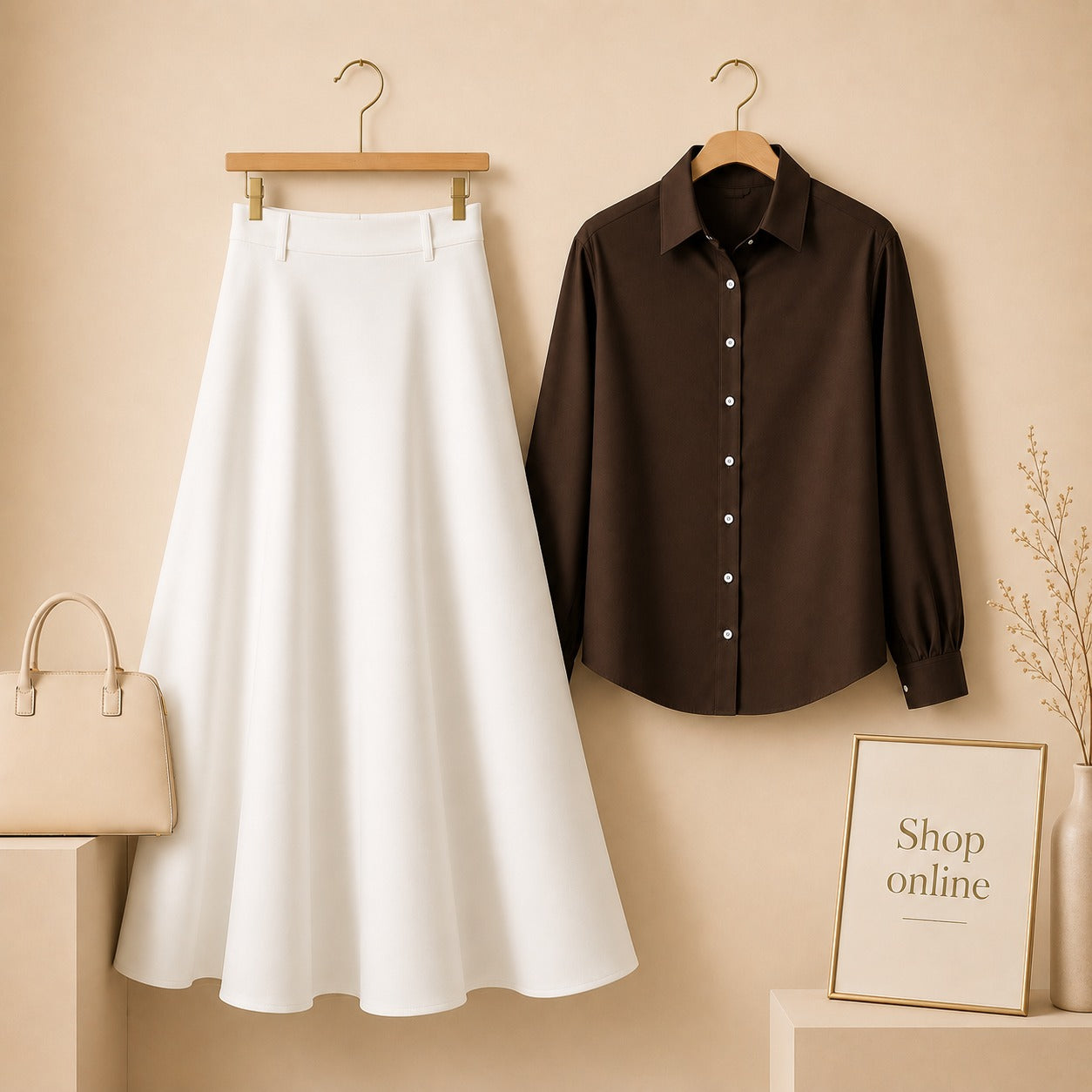 DARK BROWN BUTTON DOWN WITH WHITE COTTON TWILL SKIRT