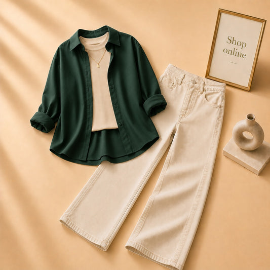 BOTTLE GREEN BUTTON DOWN SHIRT WITH BEIGE TANK TOP BEIGE WIDE LEG JEANS (3Pcs)