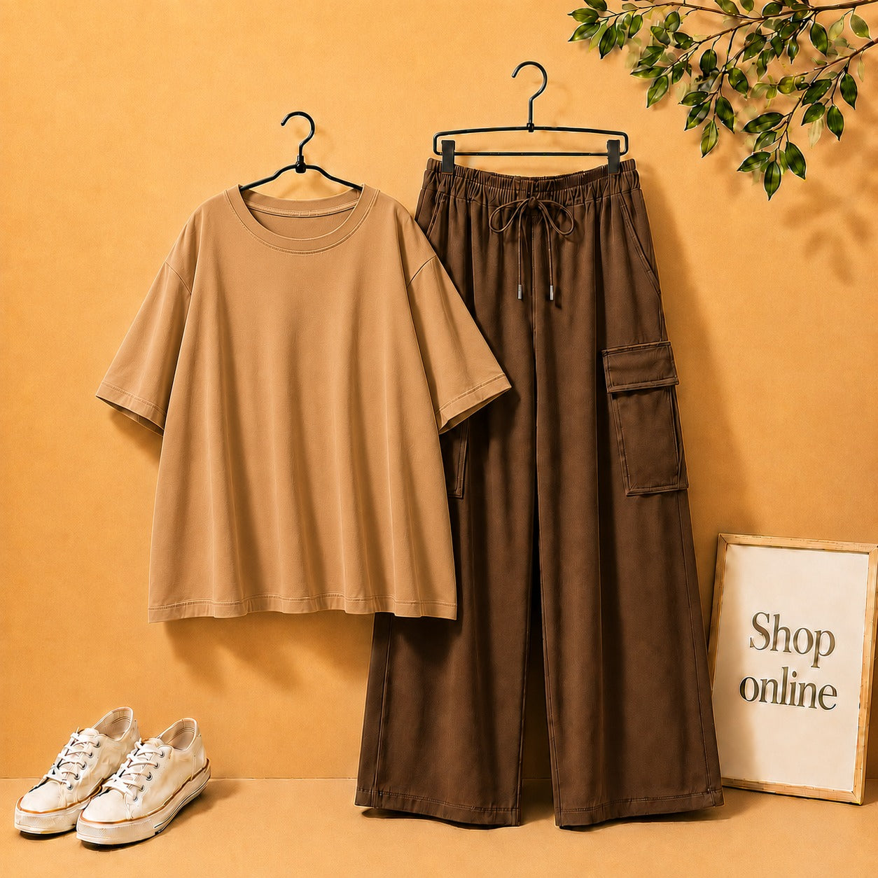 LIGHT BROWN  DROP SHOULDER TEE SHIRT WITH DARK BROWN CARGO TROUSER