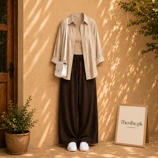BEIGE BUTTON DOWN SHIRT WITH BEIGE TANK TOP AND BROWN FLAPPER
