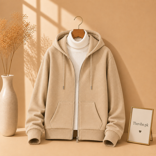BEIGE ZIPPER HOODIE WITH BEIGE HIGH NECK