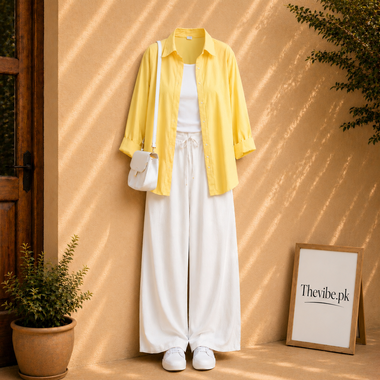 YELLOW BUTTON DOWN SHIRT WITH WHITE TANK TOP AND WHITE FLAPPER