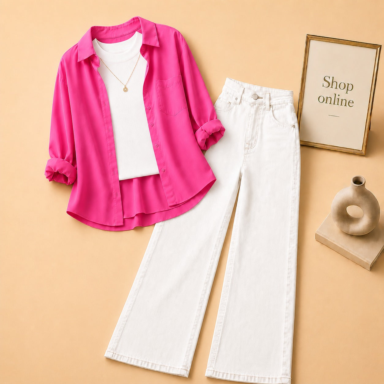 HOT PINK  BUTTON DOWN SHIRT WITH WHITE TANK TOP WHITE WIDE LEG JEANS (3Pcs)