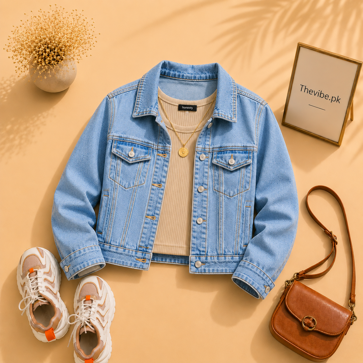 SKY BLUE DENIM JACKET WITH BEIGE TANK TOP