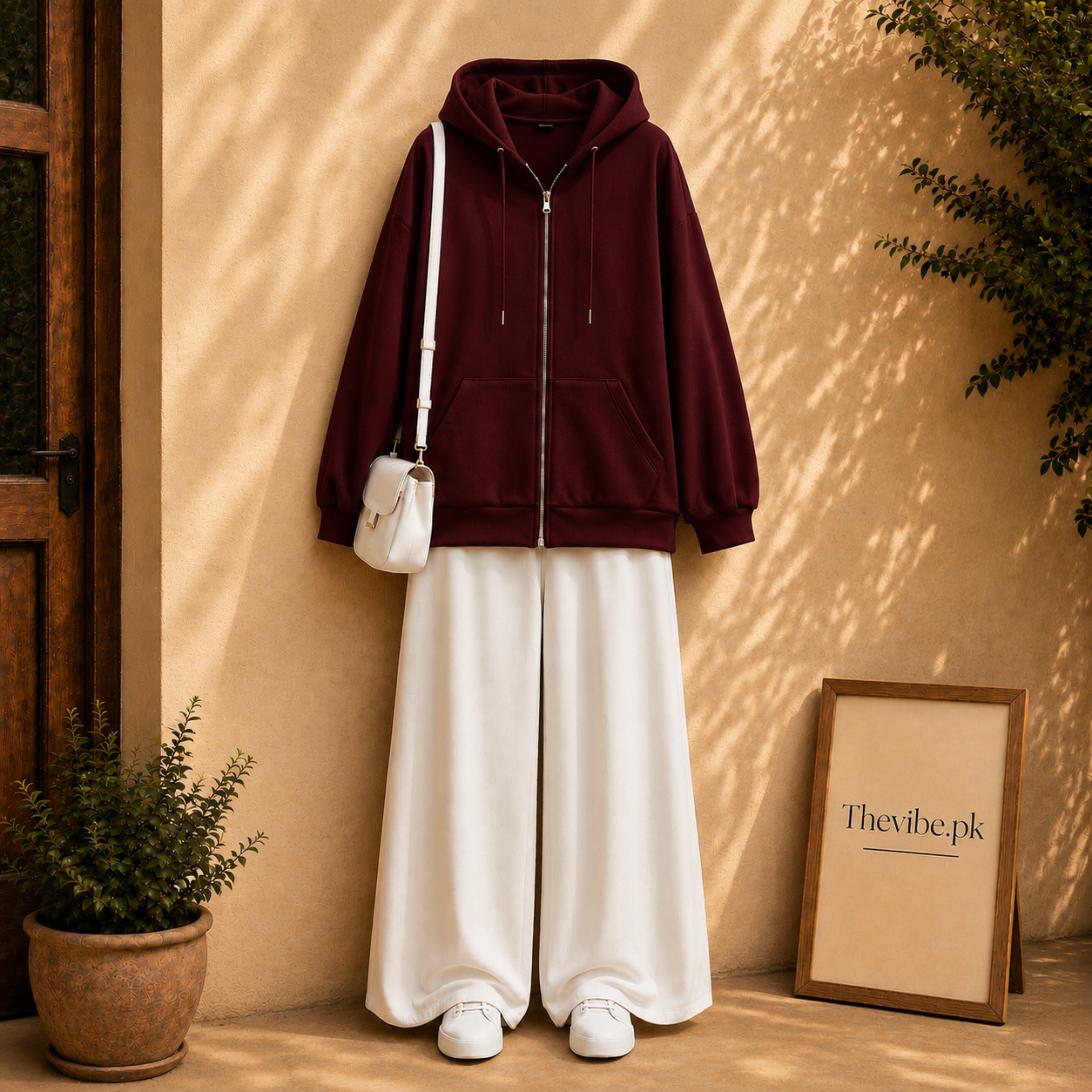 MAROON ZIP HOODIE WITH WHITE FLAPPER