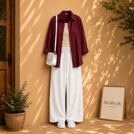 MAROON BUTTON DOWN SHIRT WITH BEIGE TANK TOP AND WHITE FLAPPER