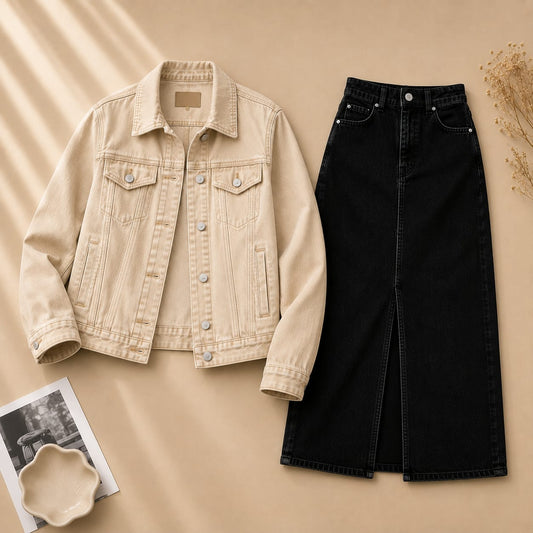 BEIGE DENIM JACKET WITH BLACK DENIM SHIRT